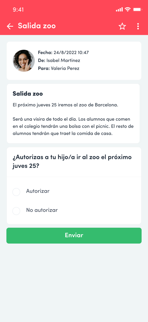 Dinantia - Autorización digital para una excursión escolar en la aplicación Dinantia