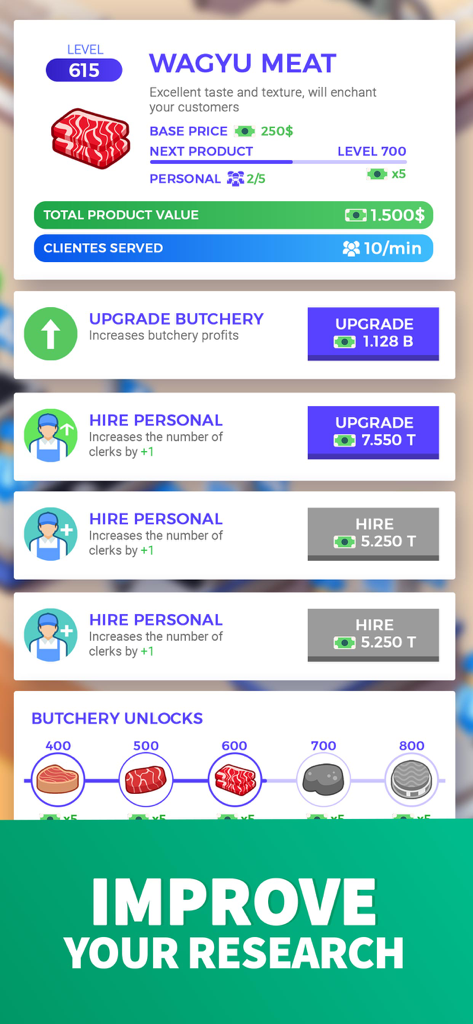Idle Supermarket Tycoon - Shop - Interfaz de gestión en Idle Supermarket Tycoon que muestra mejoras del departamento de carnicería e investigación de carne de wagyu