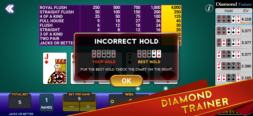 Video Poker Multi Diamond Trainer showing the best hold strategy for a poker hand
