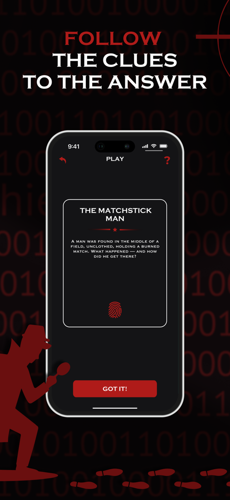 Un écran de mobile montrant une affaire mystère appelée L'Homme aux Allumettes dans un jeu de fête de détective