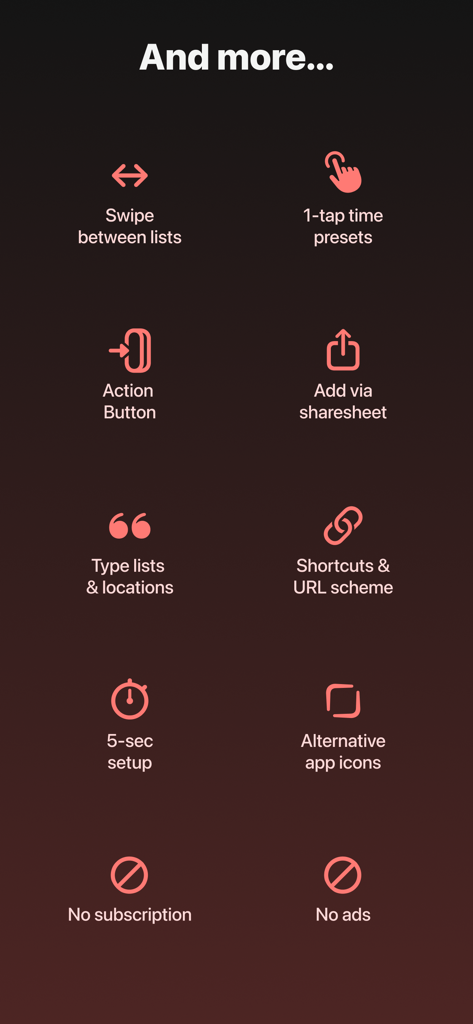 A list of additional features for Remind Me Faster including Action Button support Shortcuts integration and no ads