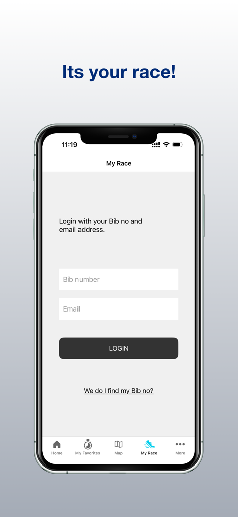 Mainova Frankfurt Marathon app My Race login screen with fields for bib number and email