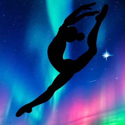 gymnast doing a leap in a leotard with a bent back leg