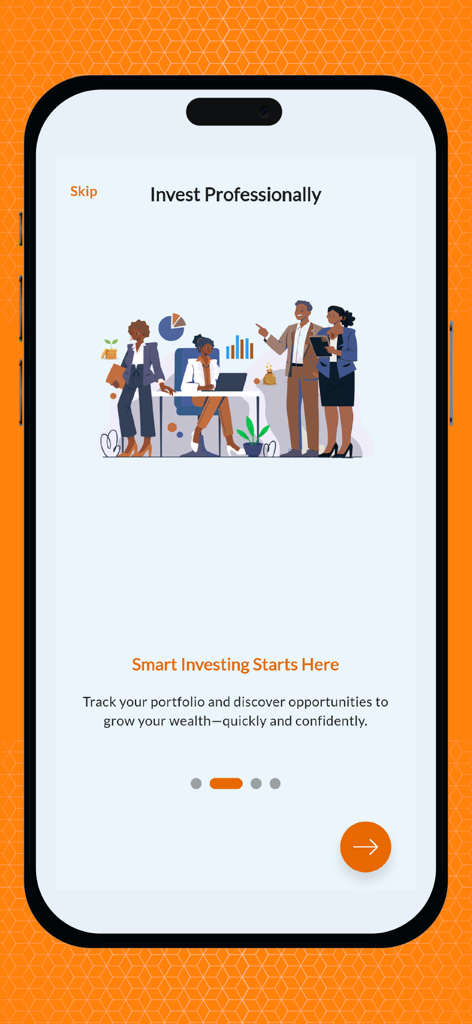 UTT AMIS - Onboarding screen of the UTT AMIS investment app showing business professionals illustration and the text Invest Professionally.