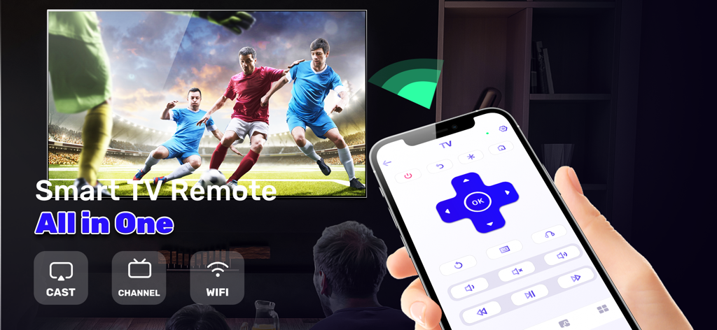 Smart TV Remote App for RK - A hand holding a smartphone with a TV remote interface controlling a soccer match on a smart television.
