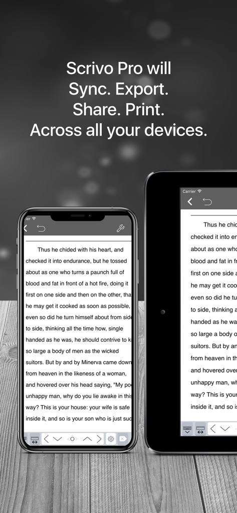 L'app di scrittura Scrivo 3 visualizzata su iPhone e iPad che mostra la sincronizzazione perfetta di un manoscritto tra i dispositivi