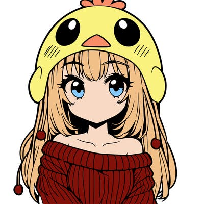 anime girl with chick shaped hat with sweater with bare shoulders with bangs covering them one eye with low tail