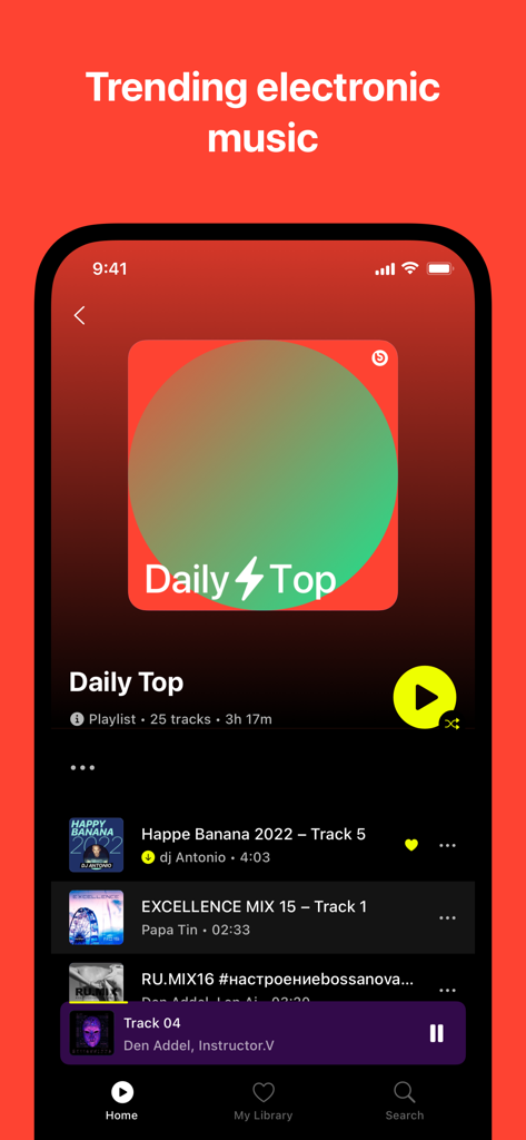 Bananastreet music app interface showing a trending electronic music playlist called Daily Top.