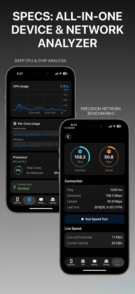 Specs: Device Info & Widget - A system dashboard for iPhone showing real-time CPU analysis and network speed benchmarks.