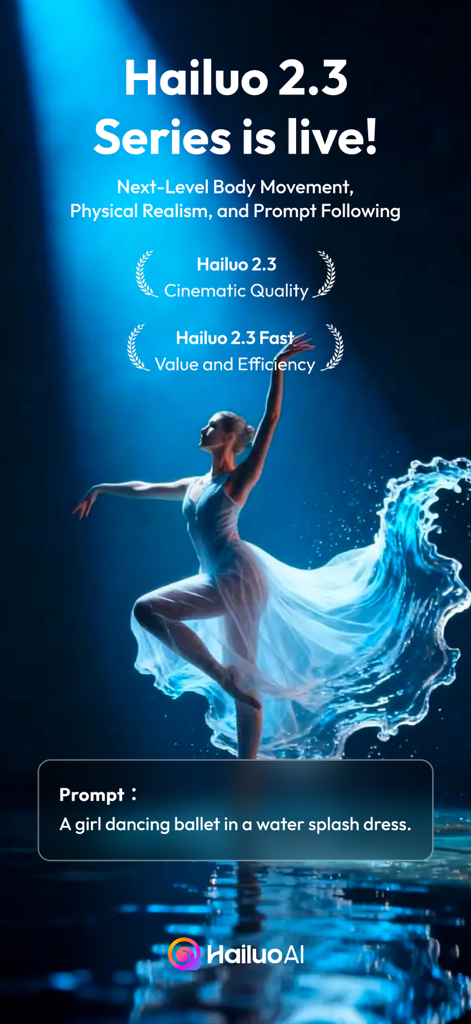 Uma bailarina dançando em um vestido de splash de água criado pelo gerador de vídeo Hailuo AI
