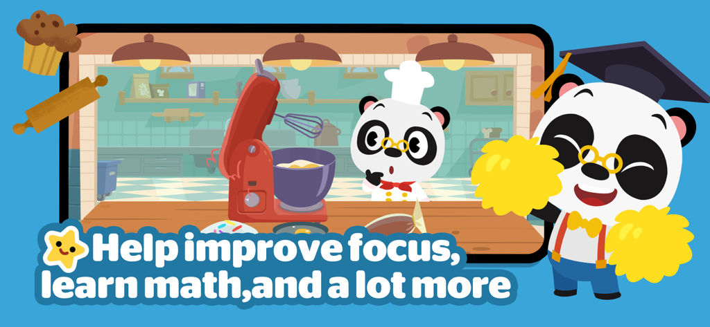 Dr. Panda - Learn & Play - Dr. Panda characters in a kitchen and graduation cap with educational text about focus and math
