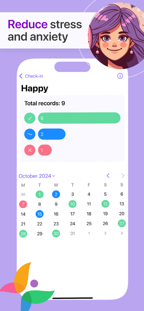 Emotion: Stress Anxiety Relief - Captura de pantalla de la aplicación Emotion que muestra un calendario mensual con registros de estado de ánimo codificados por colores y un informe resumen.