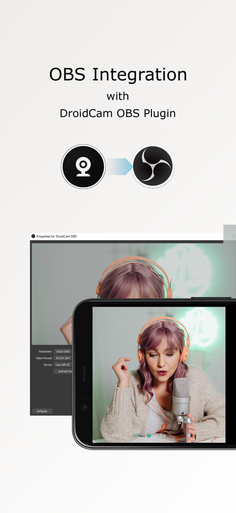 DroidCam Webcam & OBS Camera - DroidCamプラグインを使用して、OBS Studioソースとして使用されているスマートフォンのカメラ