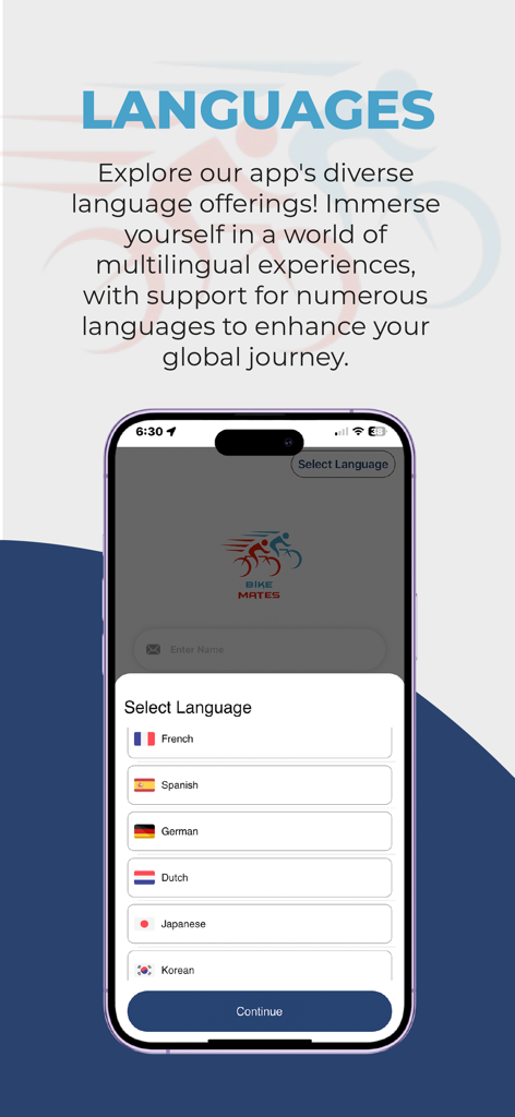 L'écran de sélection de langue de l'application Bike Mates montrant les options Français Espagnol Allemand Néerlandais Japonais et Coréen