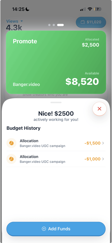 Interface of the Promote app showing campaign budget history and funding options for brands