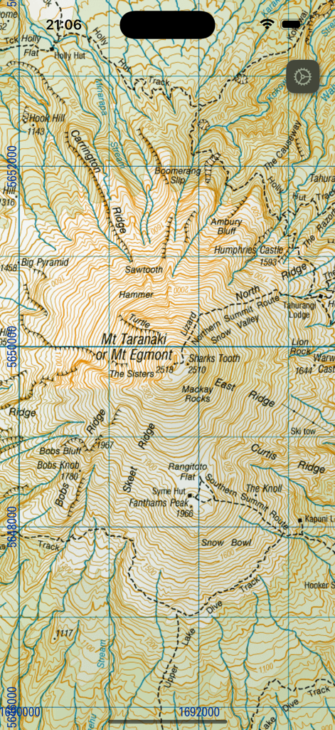 MapApp NZ North Island - Detailed topographic map of Mount Taranaki in New Zealand showing contour lines and hiking routes on a mobile device.