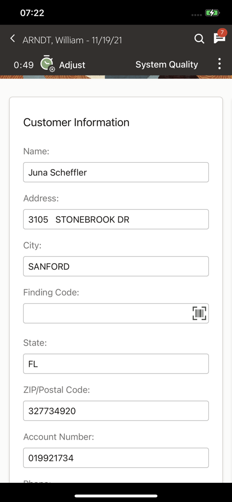 A technician view of the customer information screen in Oracle Field Service showing name address and account details.
