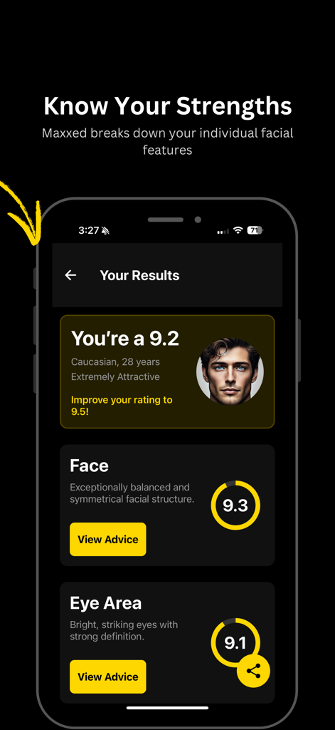 MaxxedAI: FaceRate & LooksMax - MaxxedAI app interface showing a facial attractiveness score of 9.2 with detailed ratings for face symmetry and eye area