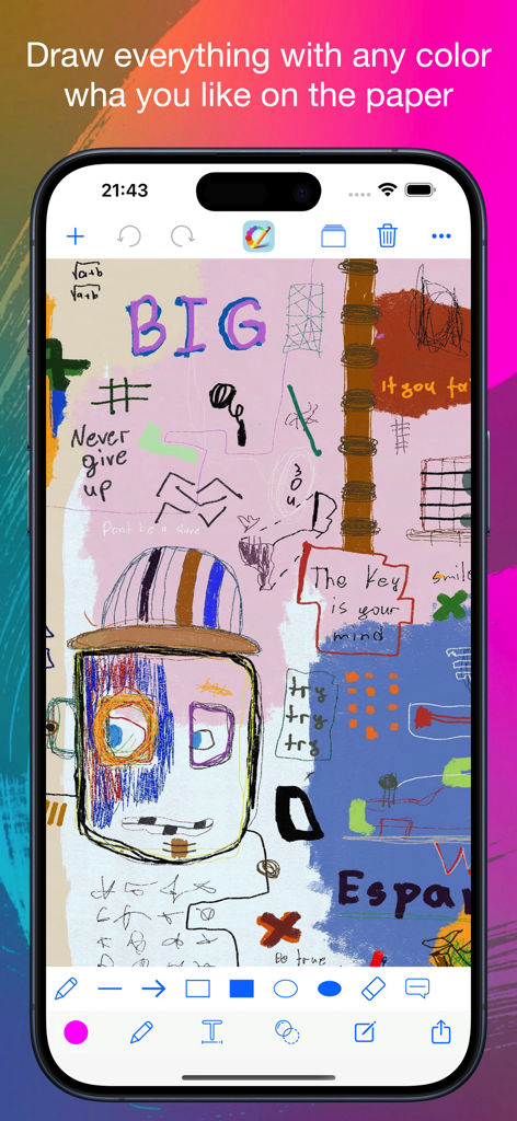 A colorful digital doodle and collage created on a smartphone using the Draw Painter app interface.