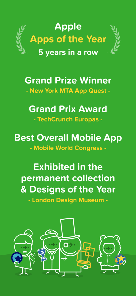 Lista de prêmios do Citymapper, incluindo Apple App of the Year e Grand Prize Winner of the New York MTA App Quest.