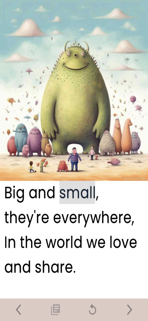 Children's Books Read Aloud - A page from a children's book app with highlighted text and illustrations of different sized creatures