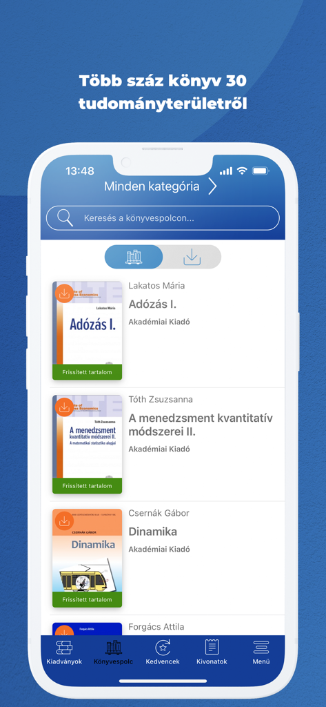 Oberfläche der MeRSZ akademischen Bibliotheks-App, die eine Liste ungarischer wissenschaftlicher Bücher und die Suchfunktion anzeigt