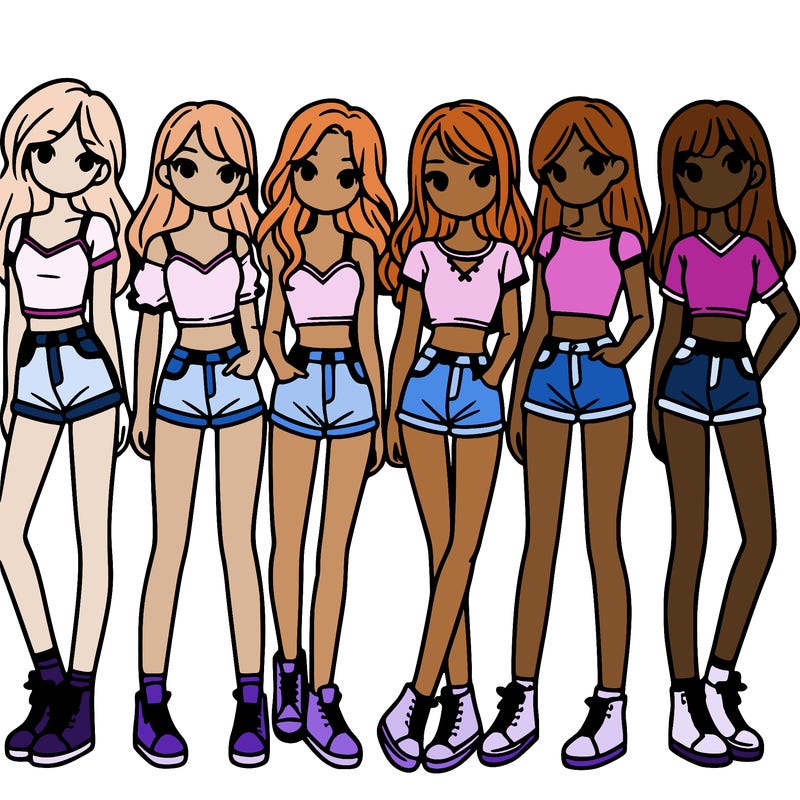 a group of girls wearing crop tops and shorts