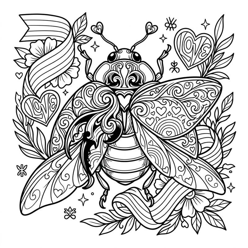 Dive into a beautifully intricate coloring page featuring a Gothic-inspired ladybug intertwined with vibrant Pride symbols. This unique design offers a captivating blend of dark elegance and celebratory love, perfect for adult colorists seeking a distinctive artistic challenge.