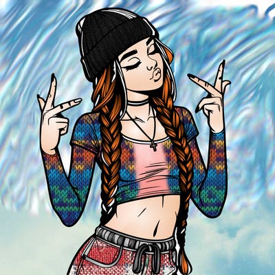 realistic teenage girl with braids and a beanie and crop top doing 🫶🏼