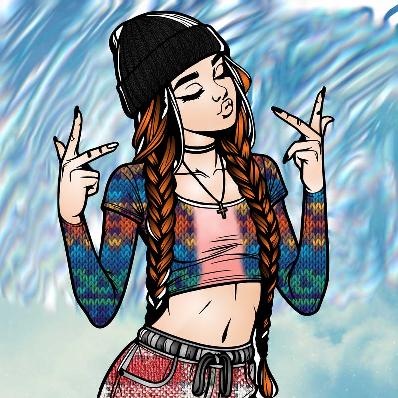 realistic teenage girl with braids and a beanie and crop top doing 🫶🏼