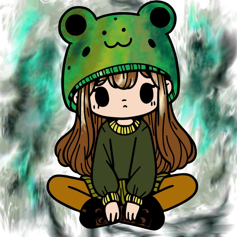 a girl wearing a frog hat and some frog socks