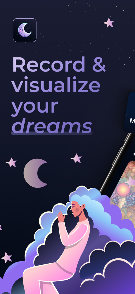 A woman sleeping on a cloud bed under a starry sky with text saying Record and visualize your dreams