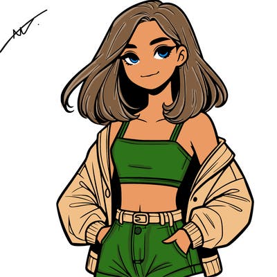 a realistic girl with a crop top and short shorts in an open jacket