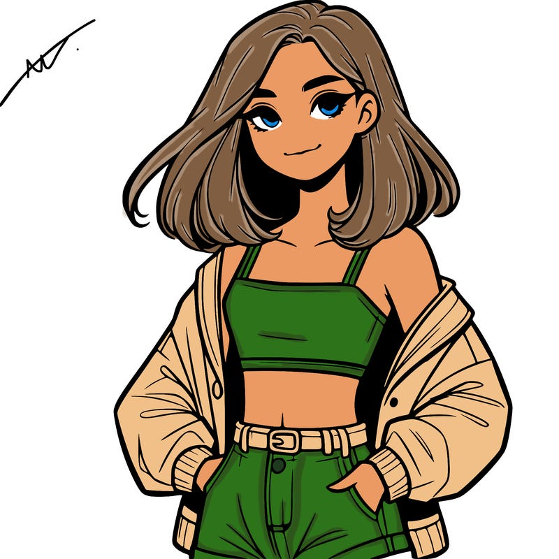 a realistic girl with a crop top and short shorts in an open jacket