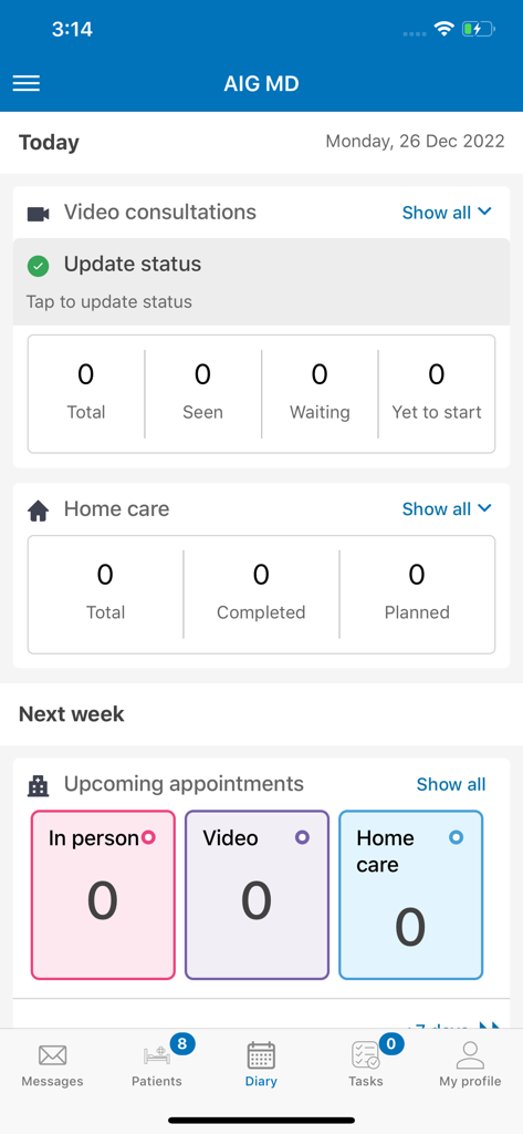 Aig Doctor - AIG MD mobile app interface showing a doctor's dashboard with daily video consultations, home care stats, and upcoming appointment summaries