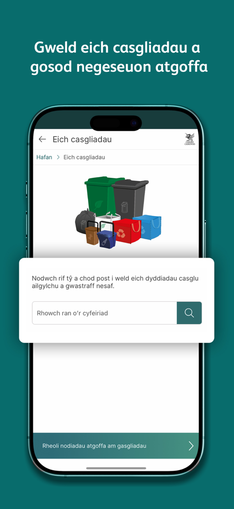 Écran de l'application Cardiff Gov en gallois pour trouver les dates de collecte des déchets avec des illustrations de poubelles de recyclage et un champ de recherche.