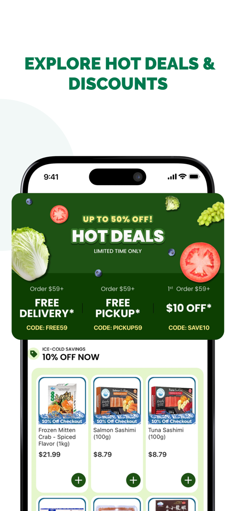 T&T大統華 – Grocery & More - T&T Supermarket app interface showing hot deals, free delivery offers, and discounted grocery items like sashimi.
