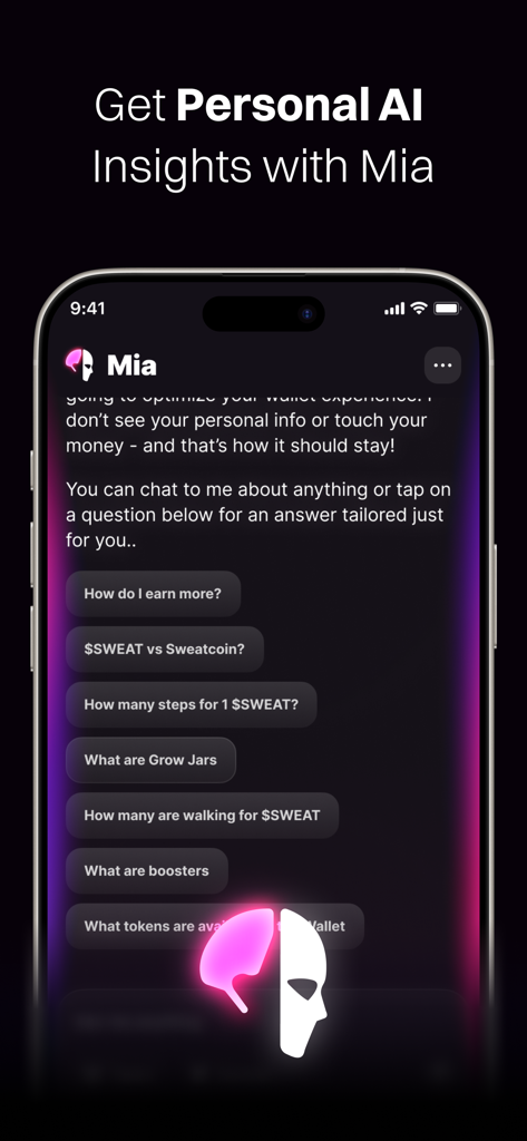 A smartphone screen displaying Mia the personal AI assistant in the Sweat Wallet app providing crypto insights and answering user questions