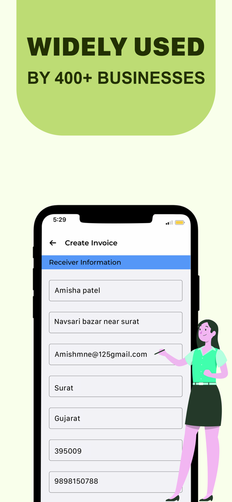 GST invoice and Bill Maker App - A mobile app screen showing the create invoice form with fields for receiver information and contact details.