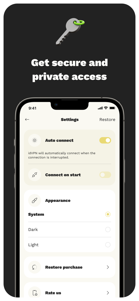 idVPN: VPN Secure Unlimited - Pantalla de configuración de la aplicación idVPN que muestra las opciones de conexión automática, conectar al iniciar y apariencia en un iPhone.