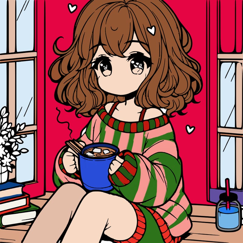 cute anime girl reading book and drinking hot chocolate from mug with loose wavy hair wearing a baggy sweatshirt and shorts sitting by windowsill looking out
