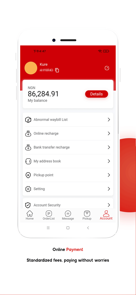 Skycargoltd-Mobil-App-Kontobildschirm mit Kontostand und Logistikdienstleistungsoptionen.