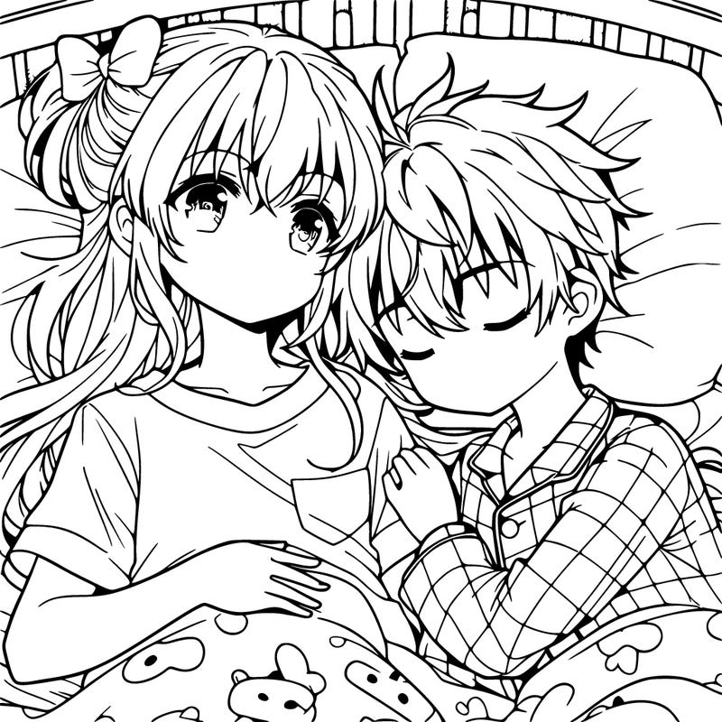 anime girl and boy in pjs laying in bed