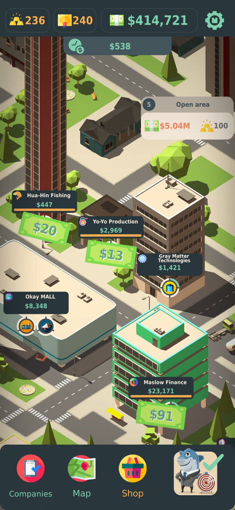 Top-down isometric view of a city with corporate buildings and floating cash icons in the Stakeholder stock market idle game