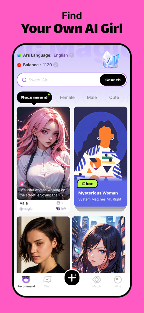 User interface of Magic Fantasy Roleplay Chat app displaying AI character profiles and a search bar
