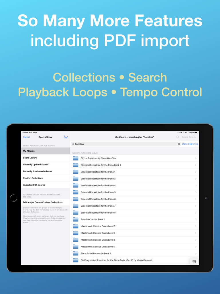 SuperScore Music - iPad interface of SuperScore Music app showing music collections and PDF import features