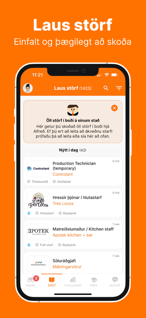 Ein Smartphone-Bildschirm, der eine Liste verfügbarer Stellenangebote in der Benutzeroberfläche der Alfred-Jobsuche-App anzeigt.