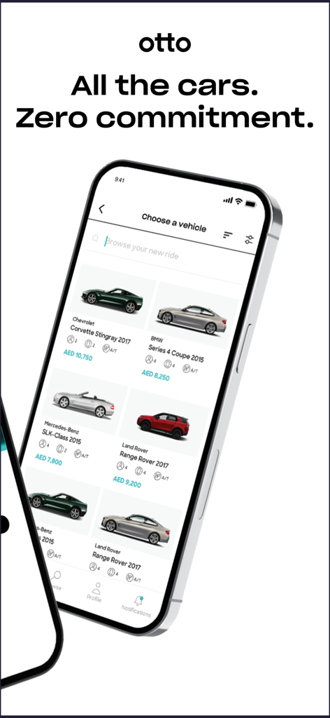 Otto app interface showing a list of luxury cars available for monthly subscription with zero commitment.