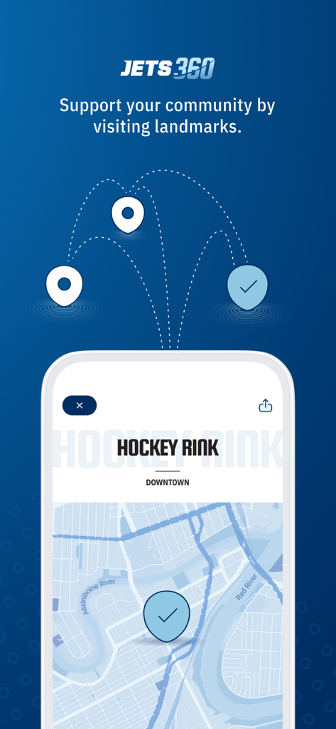 Bildschirm der Winnipeg Jets App, der die Landmark-Herausforderungskarte von Jets 360 zeigt