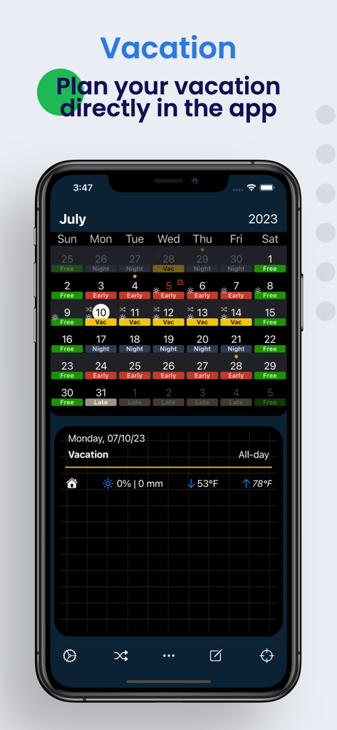 Schichter - Shift calendar - Pantalla de la aplicación móvil Schichter que muestra un calendario de turnos codificado por colores para julio con días de vacaciones resaltados e información meteorológica.